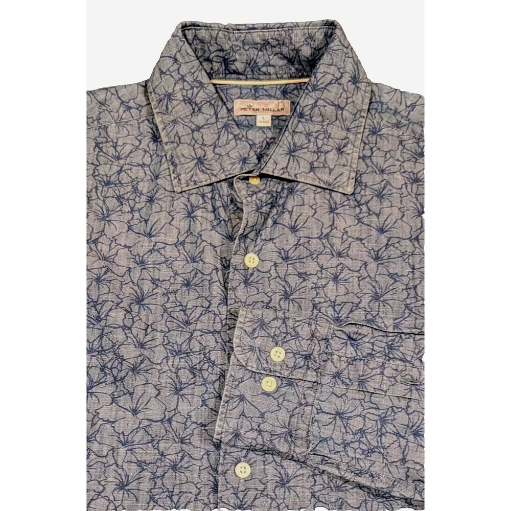 PETER MILLAR Blue Floral Print Shirt Men's LARGE Long Sleeve Hawaiian Button Up